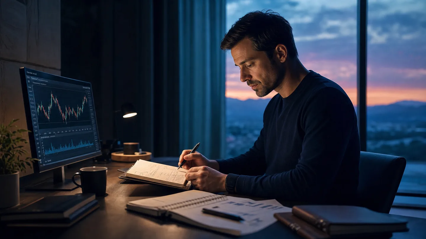 Disciplined trader reviewing a written plan beside abstract chart monitors at dawn