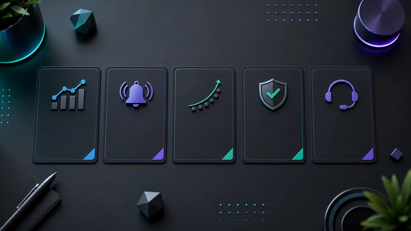 Five-card visual representing compatibility, alerts, learning, risk control, and support checks