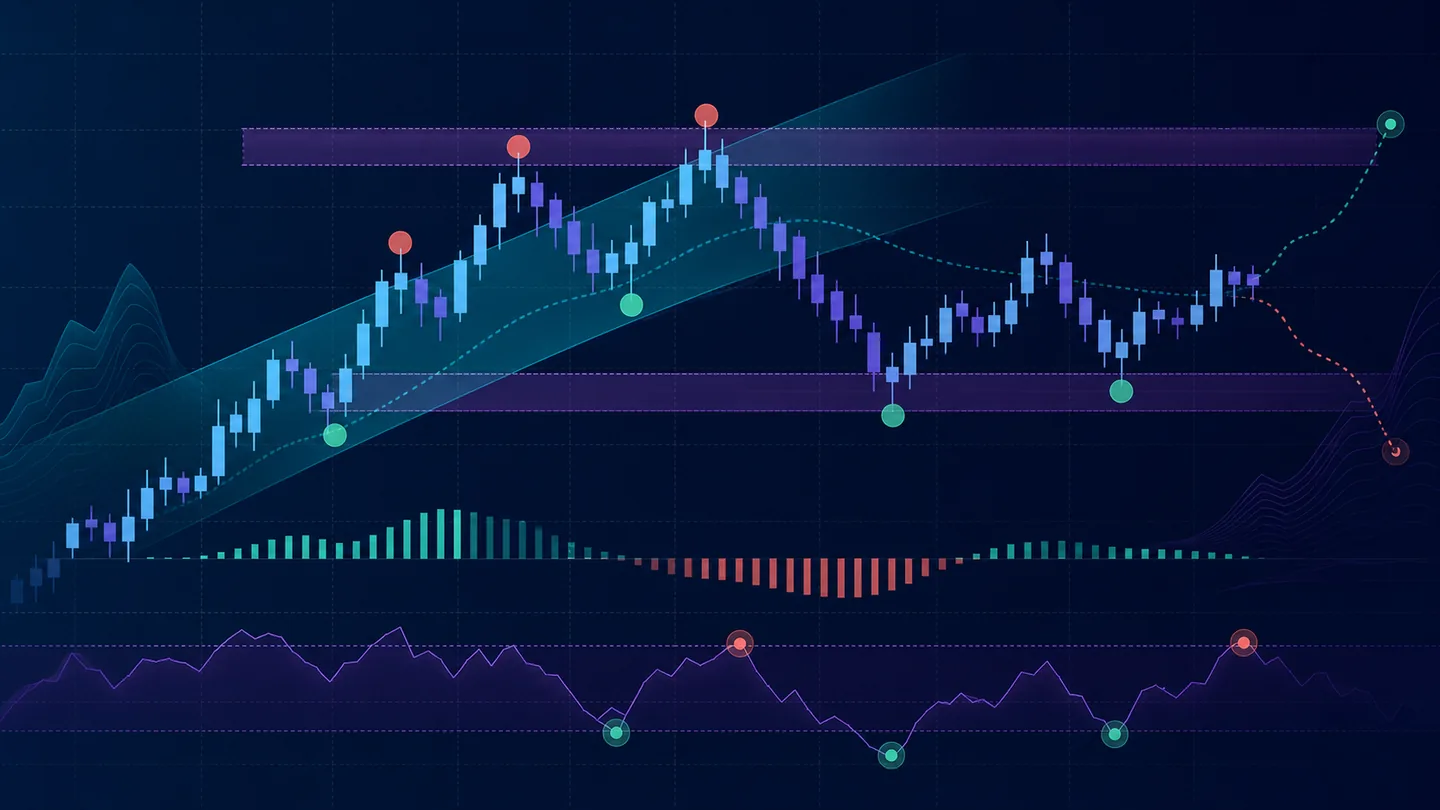 Abstract chart showing layered trend bands, support zones, and signal markers