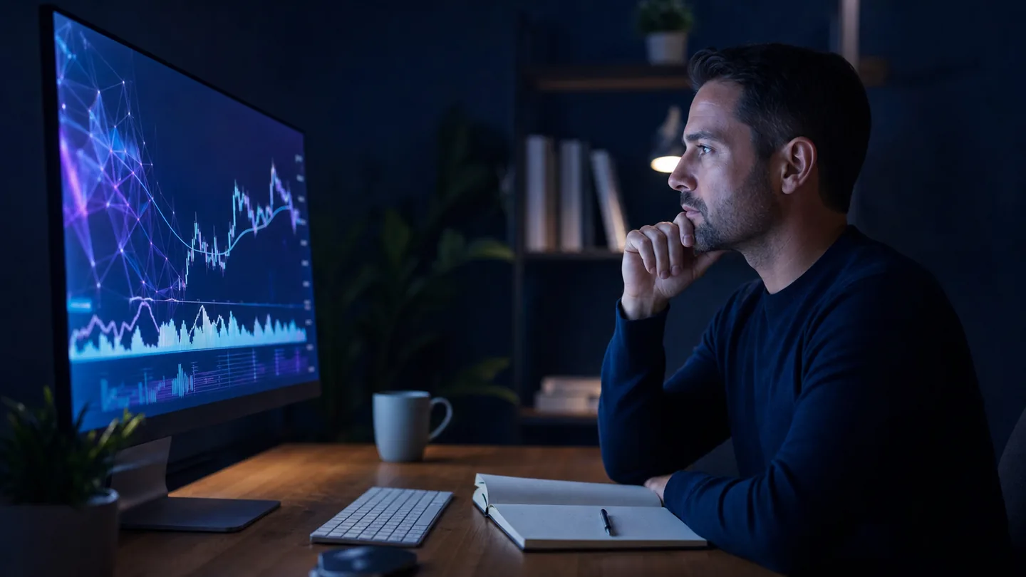 Trader calmly reviewing abstract charts and a written plan at a home desk